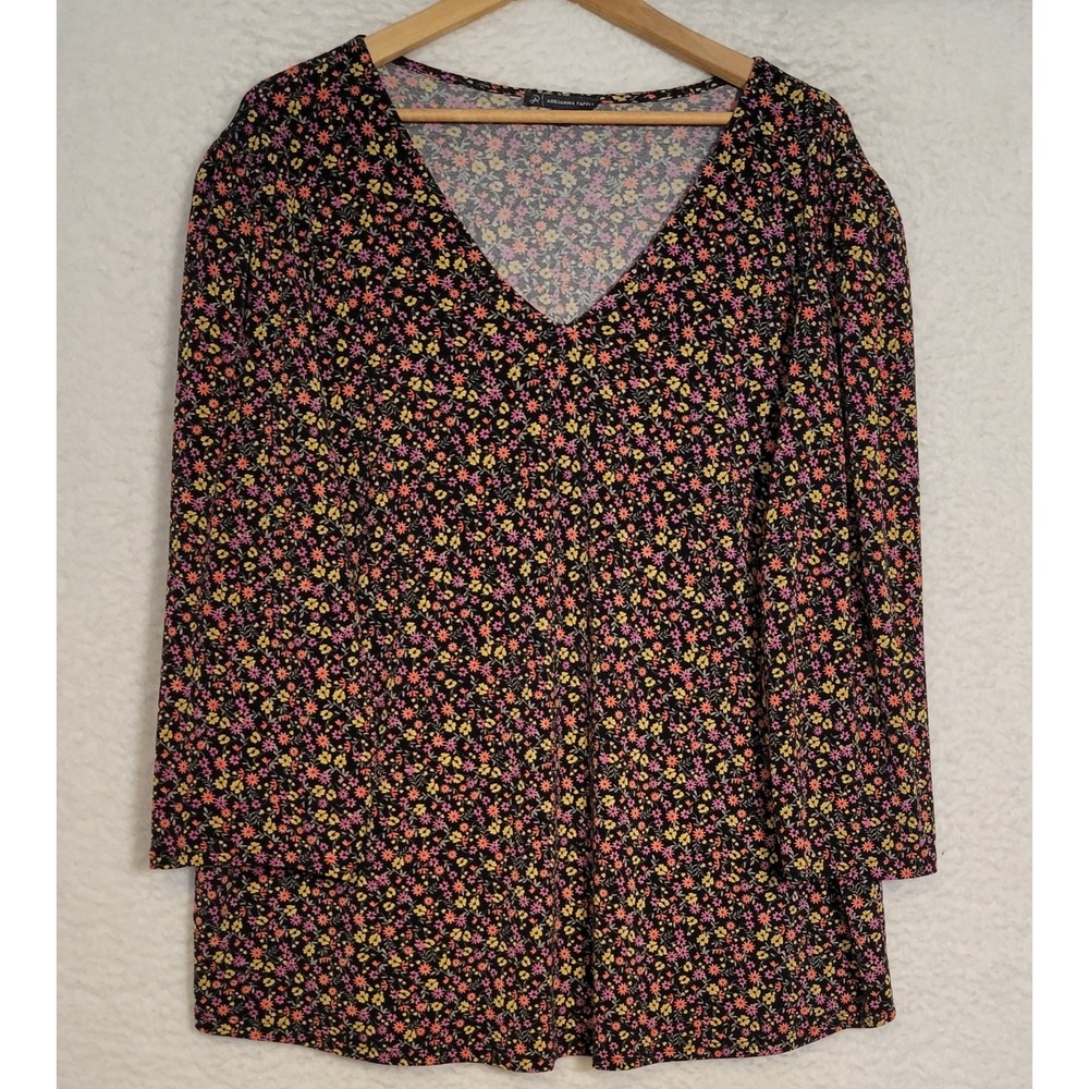Adrianna Papell Floral Blouse Plus Size 2X Pullover 3/4 Sleeve V-Neck 1288